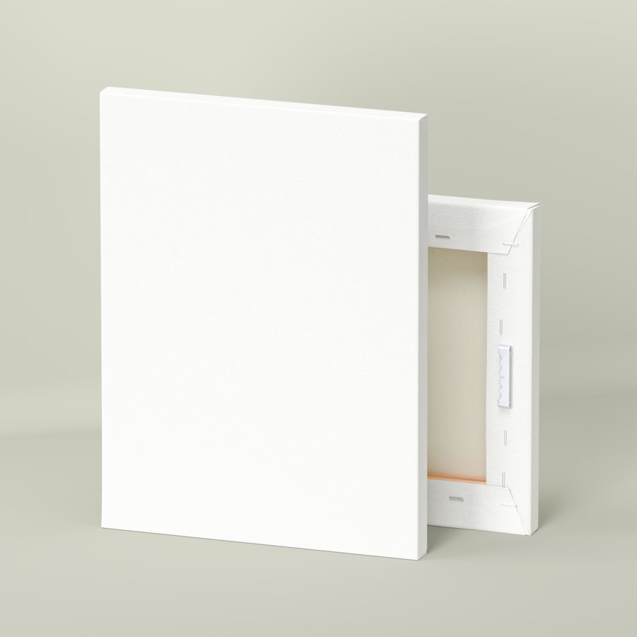 Blank stretched canvas leaning against a wall
