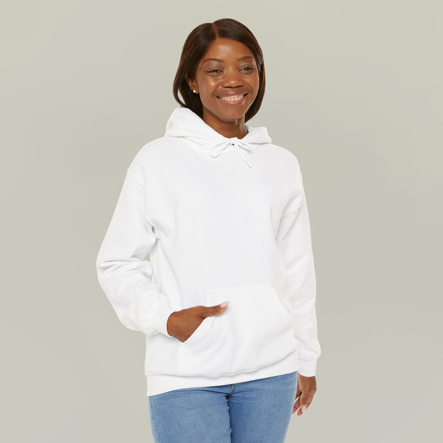 Person wearing a blank white pullover hoodie