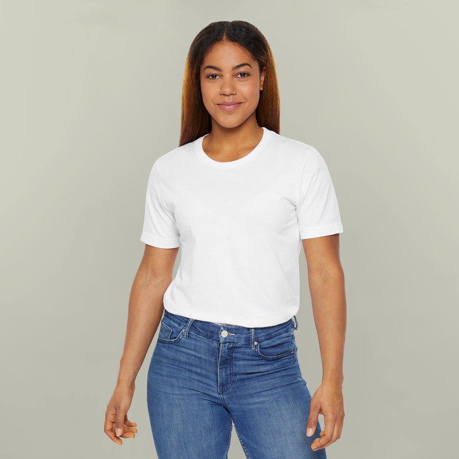 Person wearing a blank white unisex t-shirt